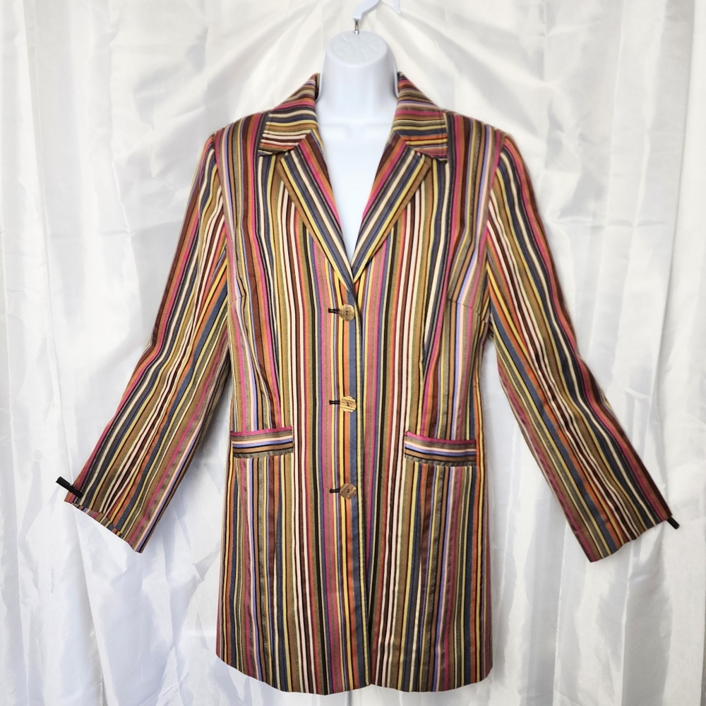 Vintage Cambridge 90s Y2K Rainbow Stripe Long Blazer Fitted Suit Jacket Sz 14